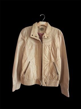 Light Beige Women's Faux Leather Bomber Jacket